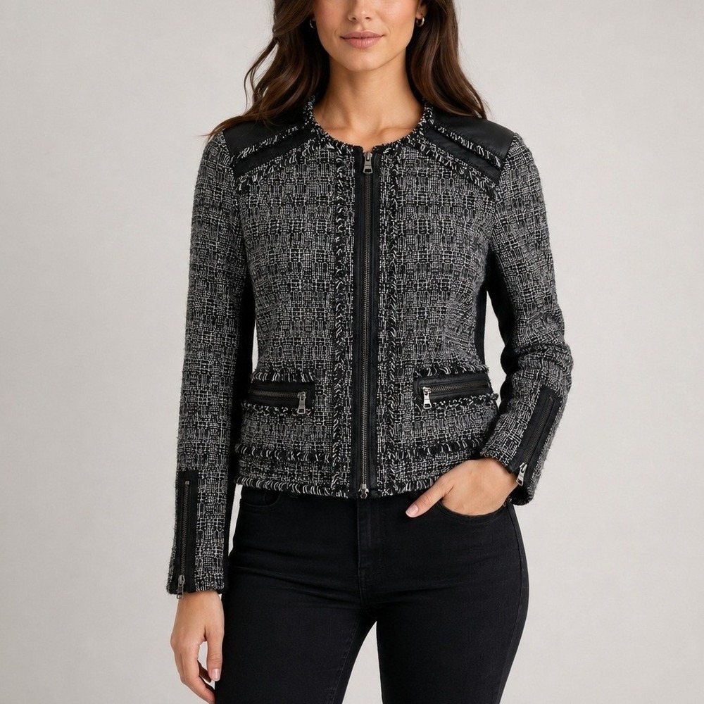 Rebecca Taylor Tweed Jacket 0 Black Lamb Leather Trim Moto Zip Blazer Edgy